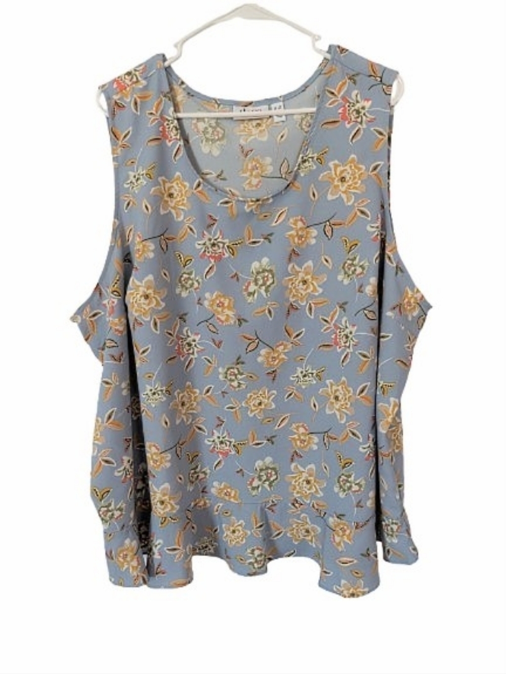 D & Co Blue Gray Floral Sleeveless Blouse Peplum Hem 3X